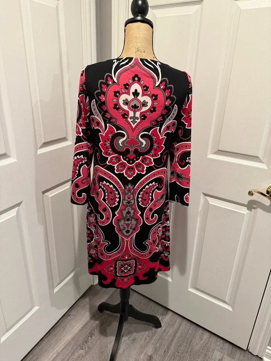 INC International Concepts Black and Pink Paisley-Print Long Sleeve A-Line Dress - Picture 7 of 7